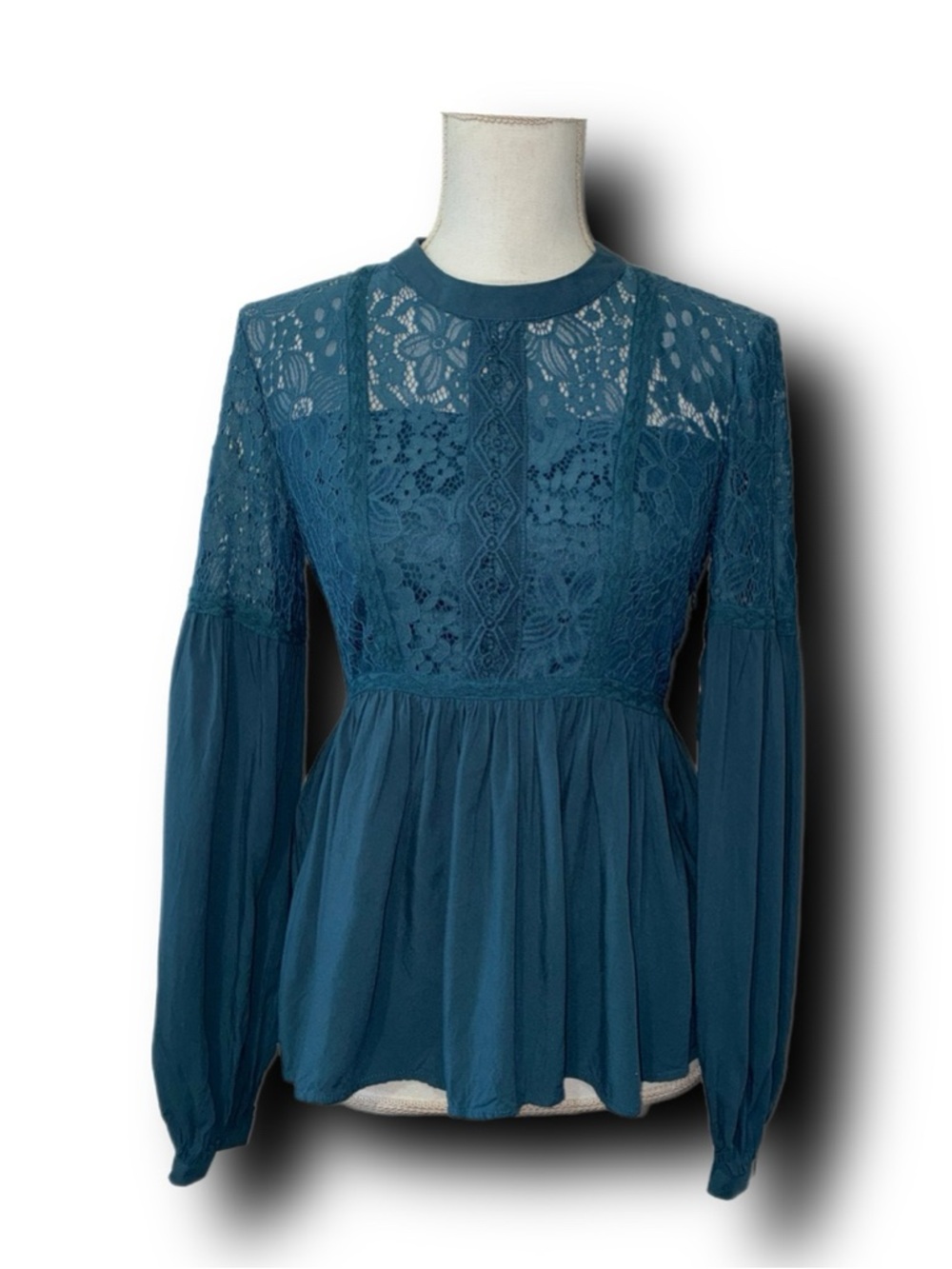 Alya Teal Blue Lace Detailed Balloon Sleeve Peplum Boho Top Poet Whimsycore